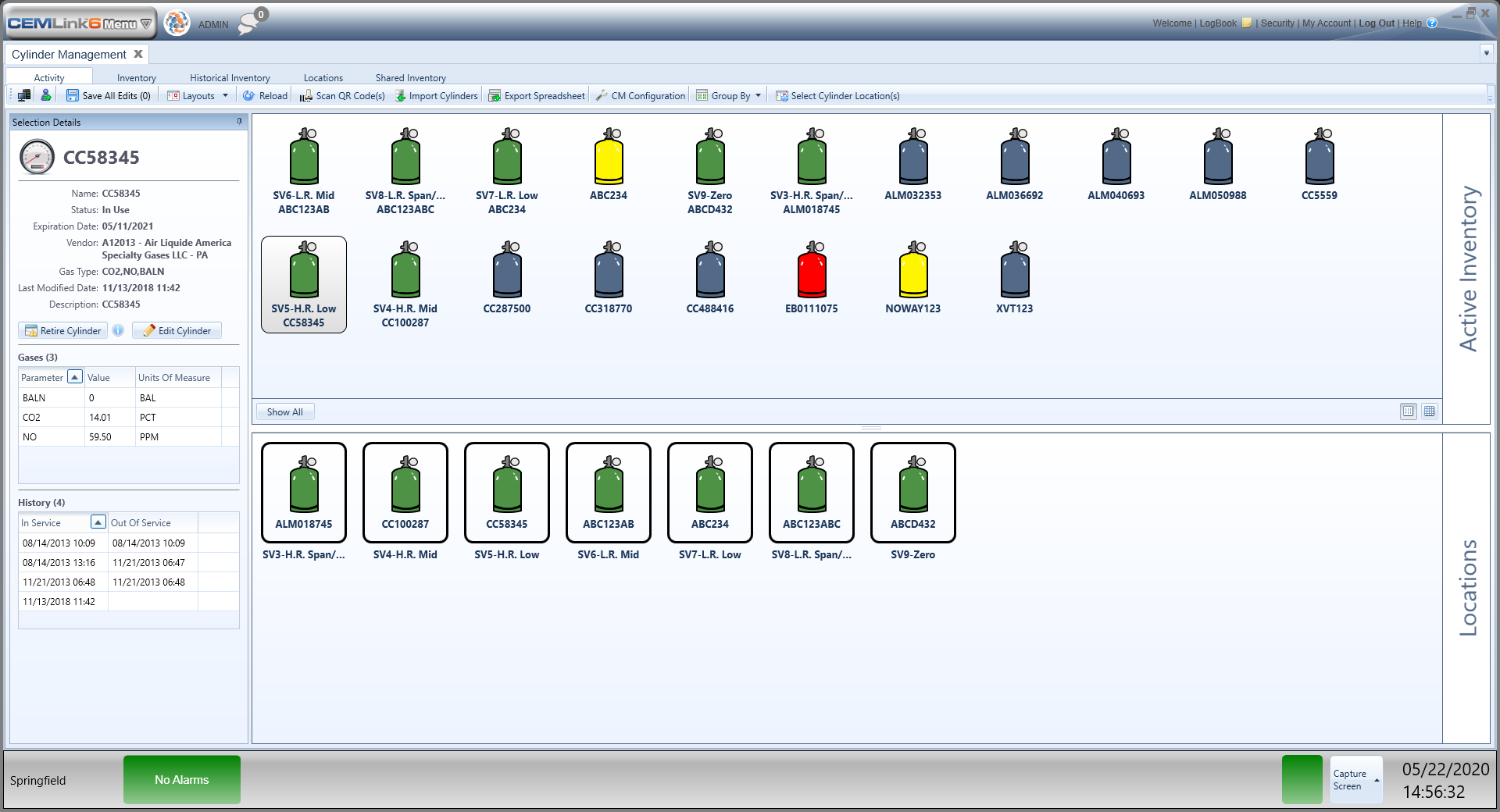 Cylinder management screenshot