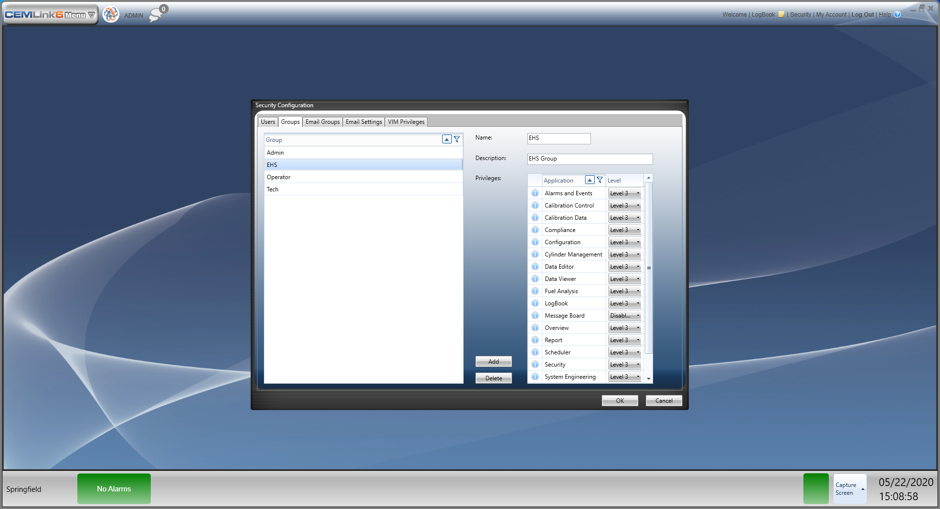 Screenshot of security access panel on CEMLink 6