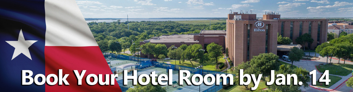 Texas flag layered over the image of a hotel.