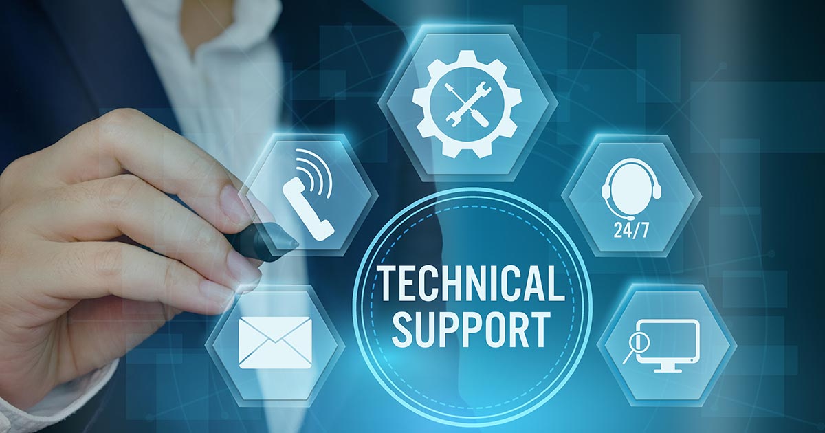 man pointing to icon of technical support services